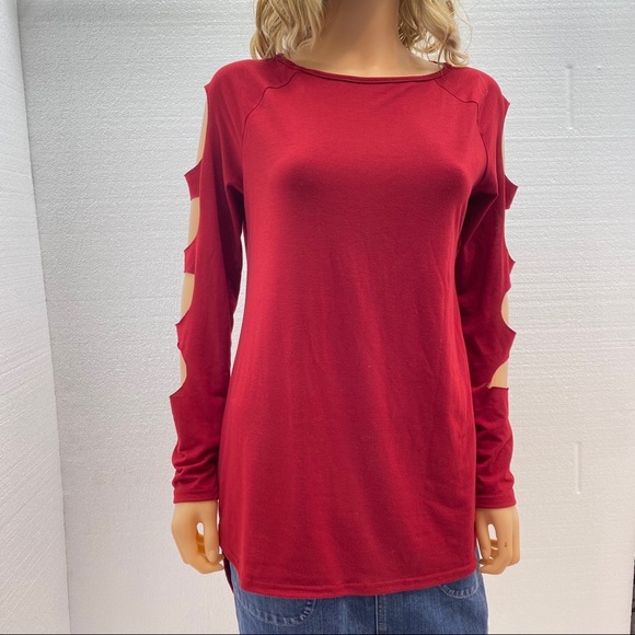 Red Cut-out Slit Long Sleeve Tunic Top Medium - Picture 2 of 6
